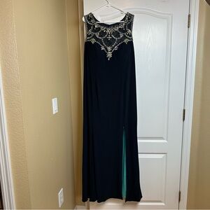 Betsy & Adam Black Maxi Gown with Beaded Yoke and Teal Slit
